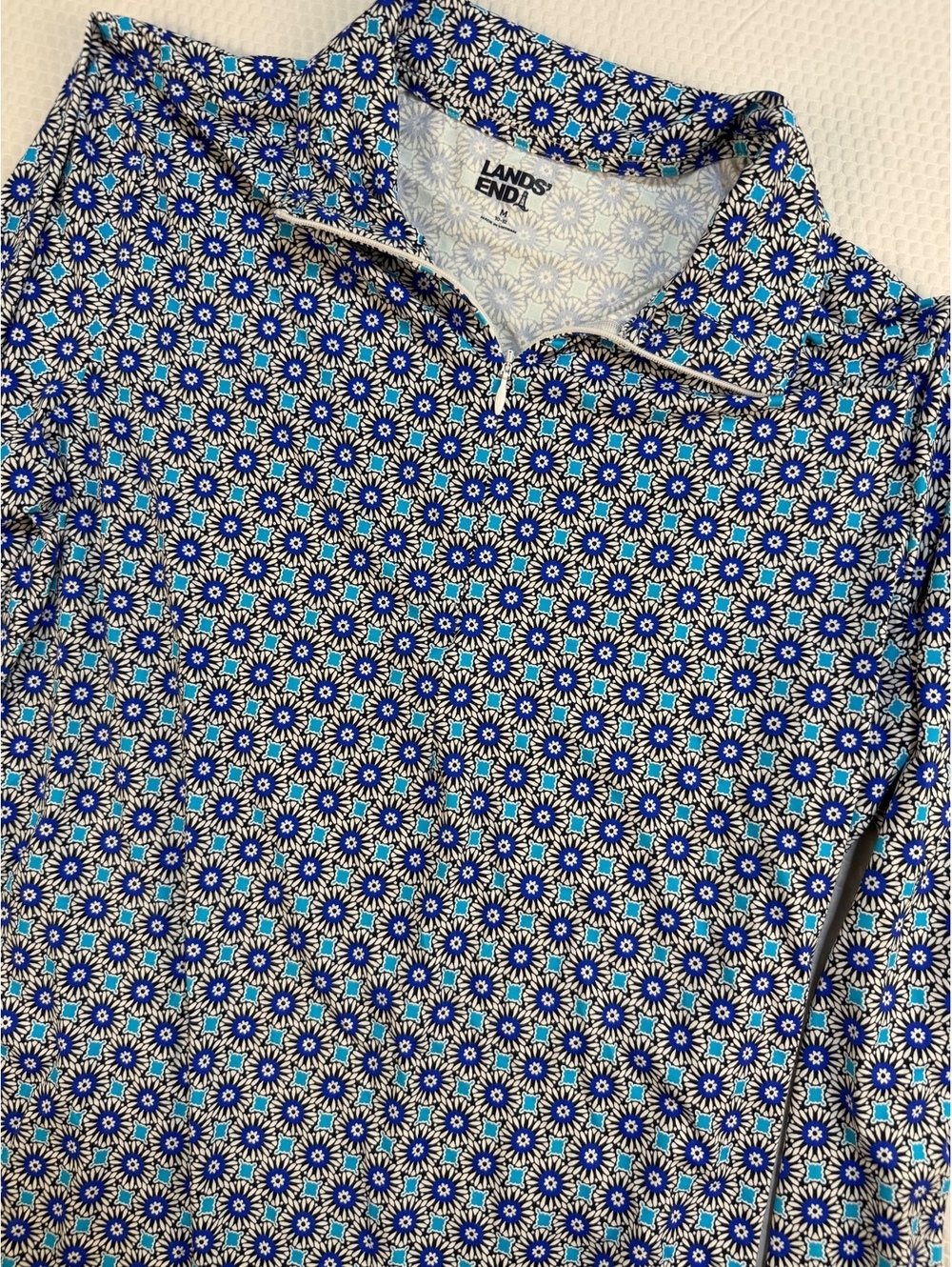 Lands End Women M 10-12 Floral Quarter Zip Rash Guard Swim UPF 50 Blue
